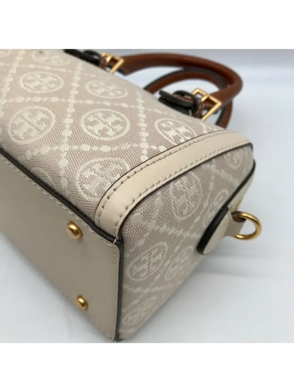 Tory Burch Beige Jacquard Monogram Logo Petite Barrel Bag